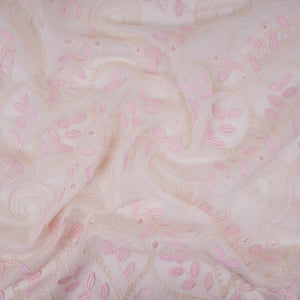 Off White With Pink 3D Leaf Embroidery Tencel Schiffli Fabric LI-32337 - TradeUNO