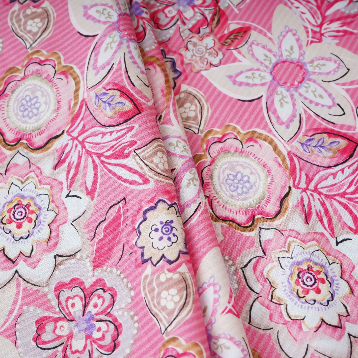 Pink with White Floral Print Cotton Mulmul Fabric PG-30463