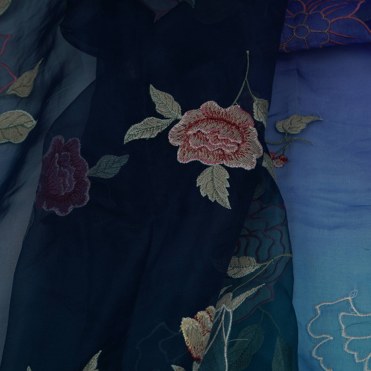 Royal Blue with Dark Green 4D floral embroidery Pure 27gm Organza Fabric GPF-32281