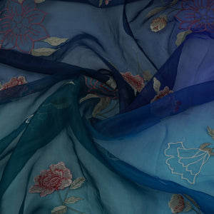 Royal Blue with Dark Green 4D floral embroidery Pure 27gm Organza Fabric GPF-32281 - TradeUNO