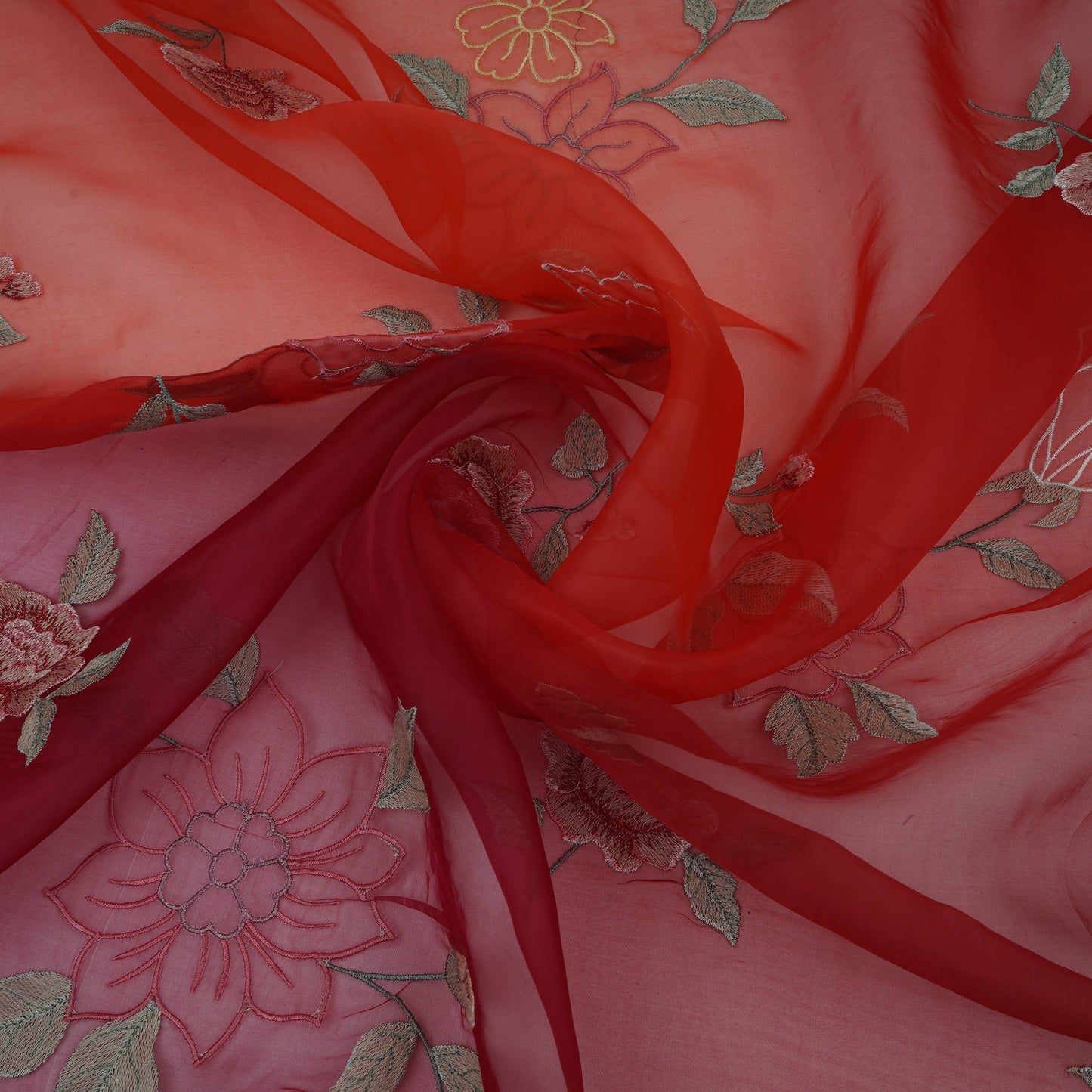 Red with Orange 4D floral embroidery Pure 27gm Organza Fabric GPF-32282