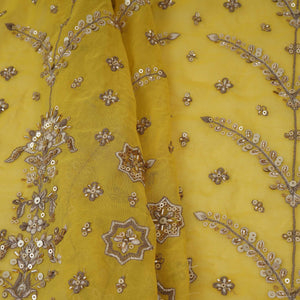 Yellow Mughal Bird & Floral Jaal Embroidery Georgette Fabric DR-32394 - TradeUNO