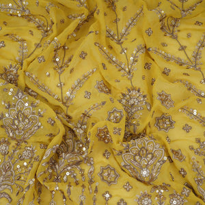 Yellow Mughal Bird & Floral Jaal Embroidery Georgette Fabric DR-32394 - TradeUNO