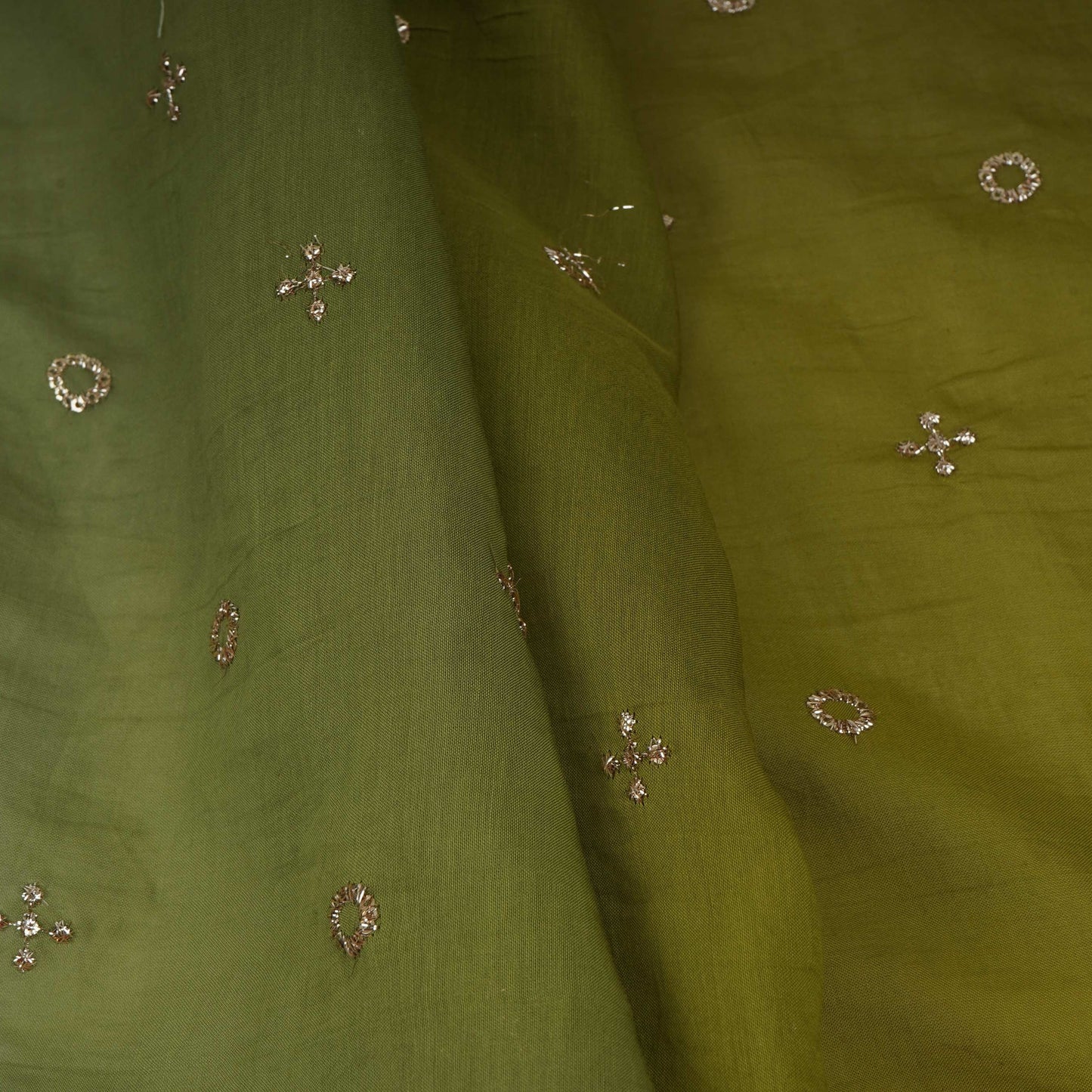 Parrot Green With Light Green 4D Geometrical Sequins Embroidery Malai Chanderi Fabric VF-32319