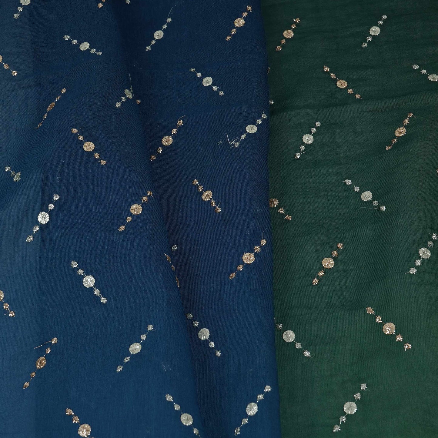 Dark Green with Blue 4D Buti embroidery Malai Chanderi Fabric VF-32240