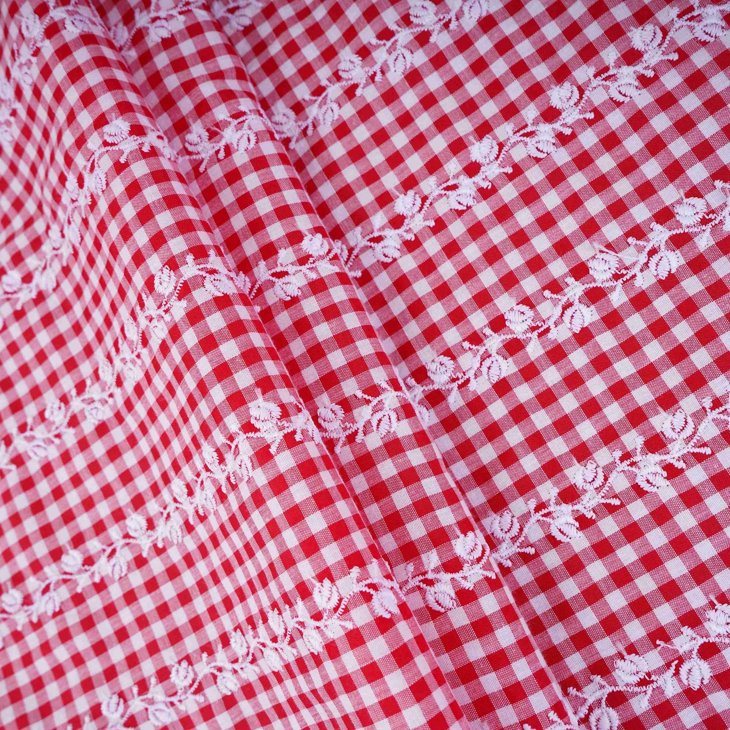 Red & White Check Floral Stripes Embroidery Cotton Fabric MJF-30617