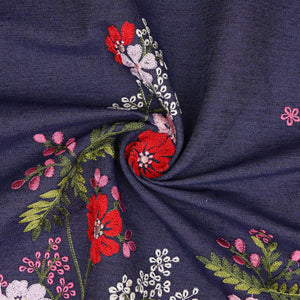 Dark Blue Floral Thread Embroidery Denim Fabric GPF-32329 - TradeUNO