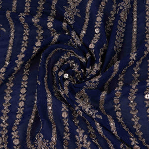 Royal Blue Heavy Zari Sequins Embroidery Georgette Fabric DR-32405 - TradeUNO