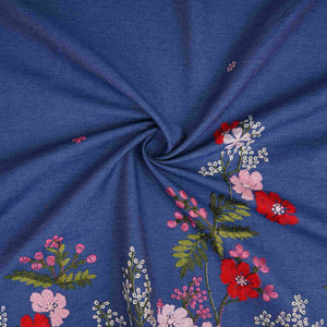 Blue Floral Thread Embroidery Denim Fabric GPF-32330 - TradeUNO