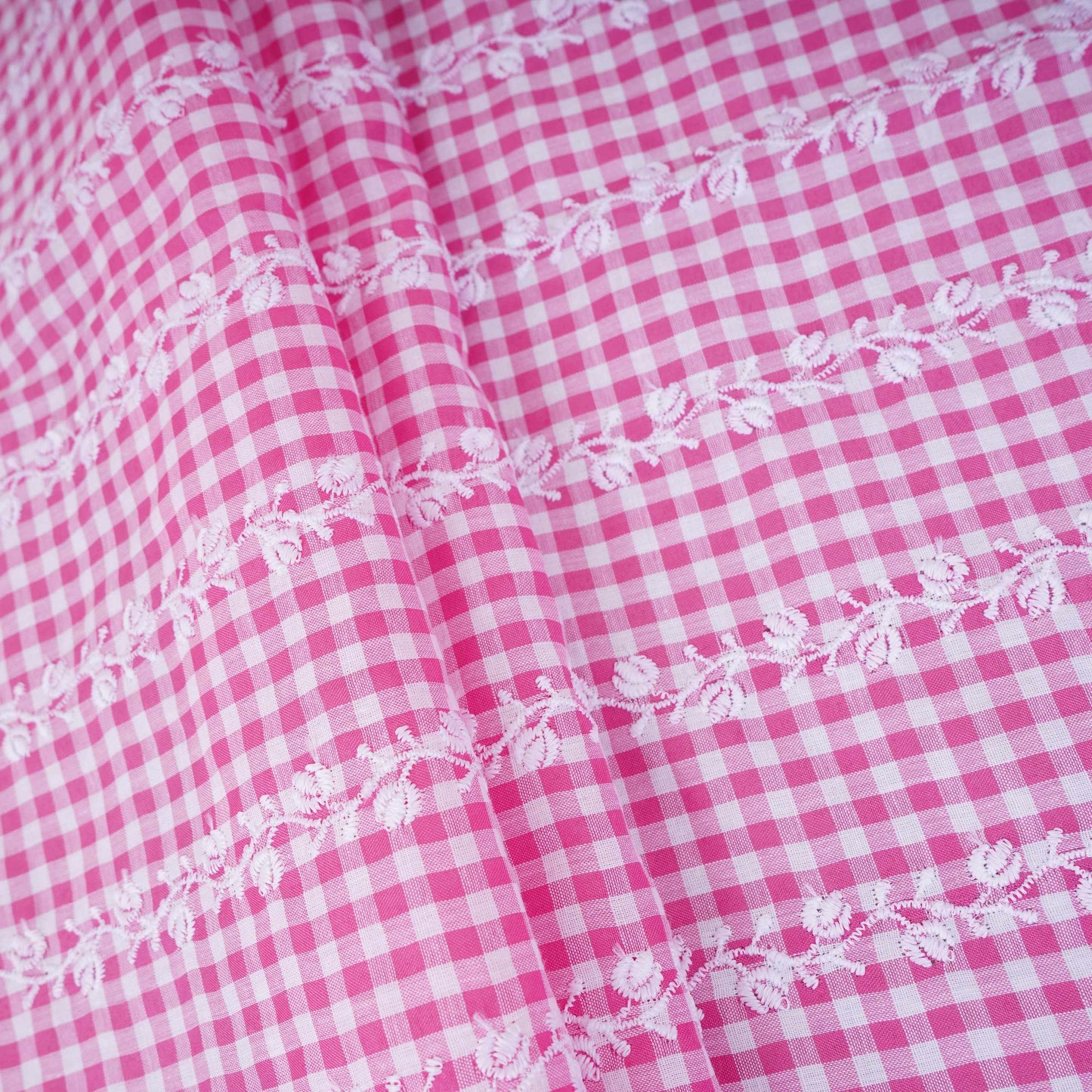 Pink & White Check Floral Stripes Embroidery Cotton Fabric MJF-30619