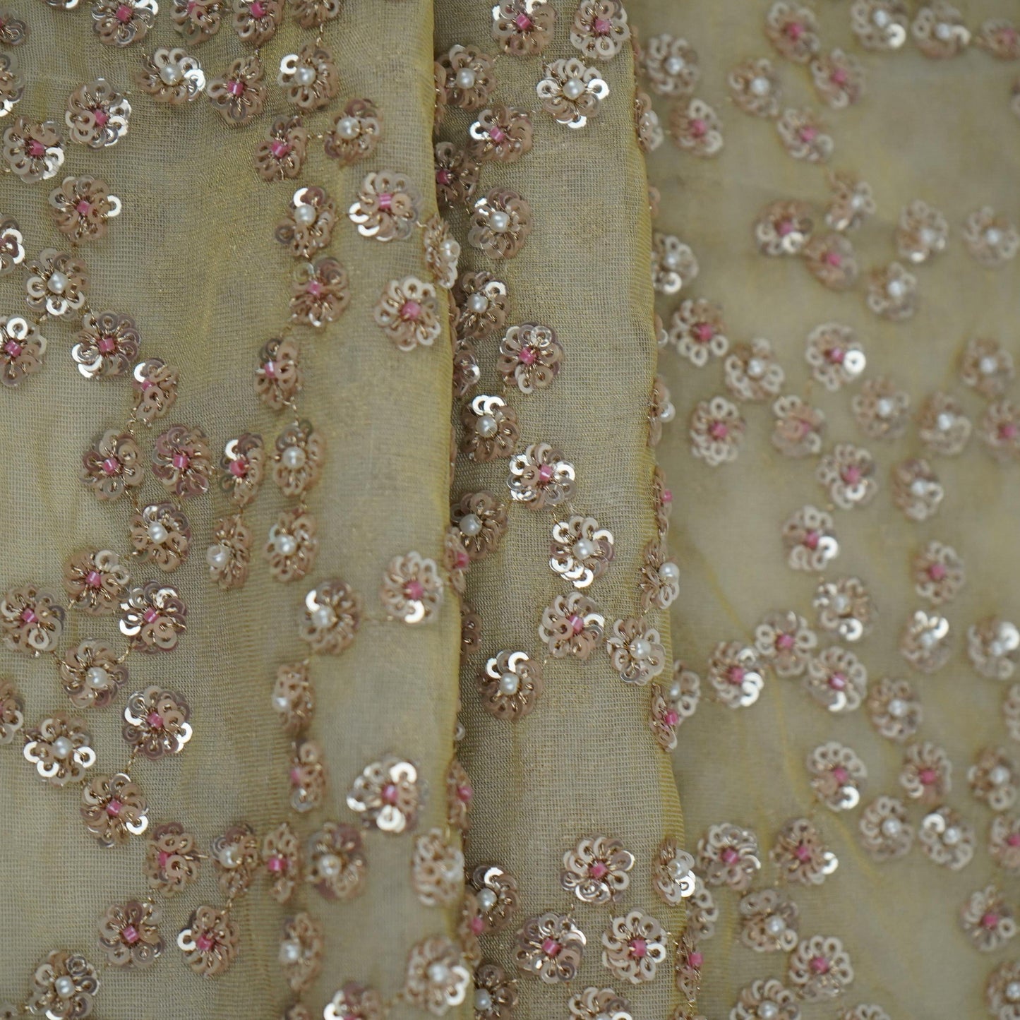 Antique Gold with Rose Gold Sequins embroidery Kanjivaram Silk Fabric TF-32080