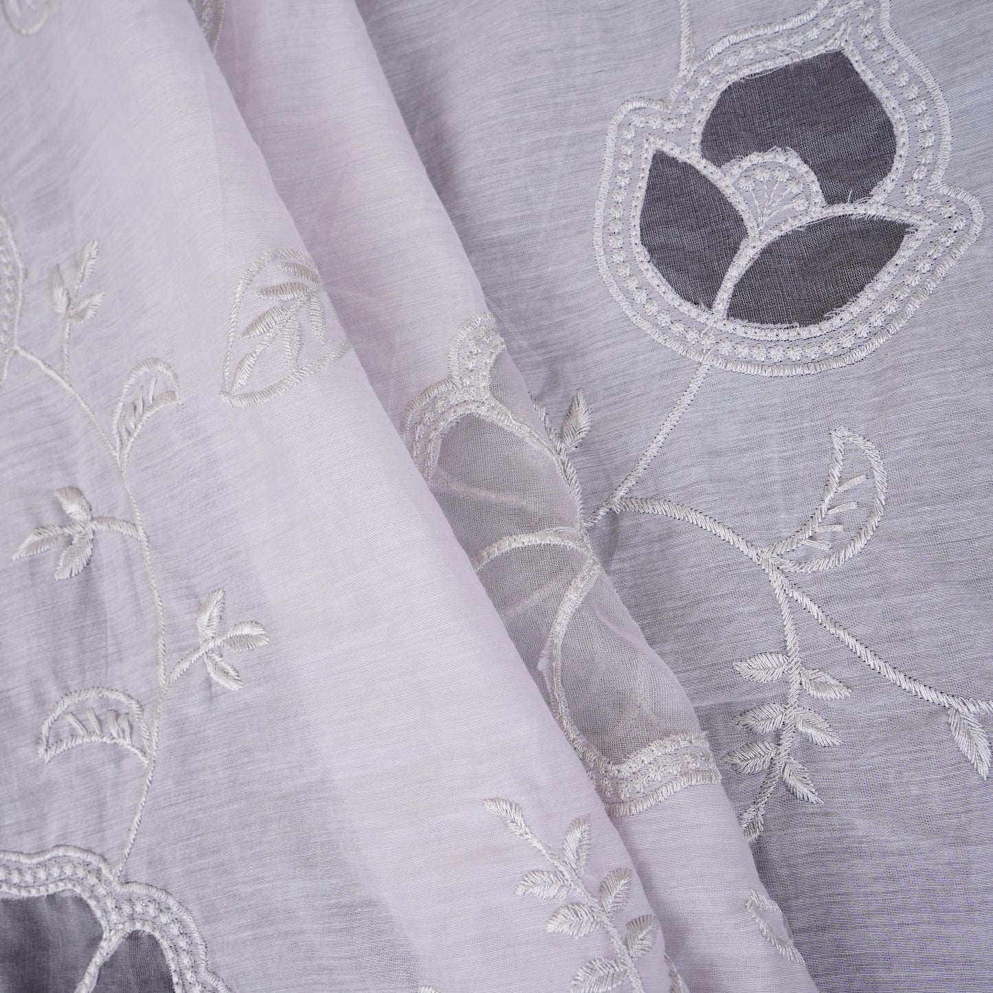 Light Grey Floral Embroidery Mul Chanderi Fabric DC-30518