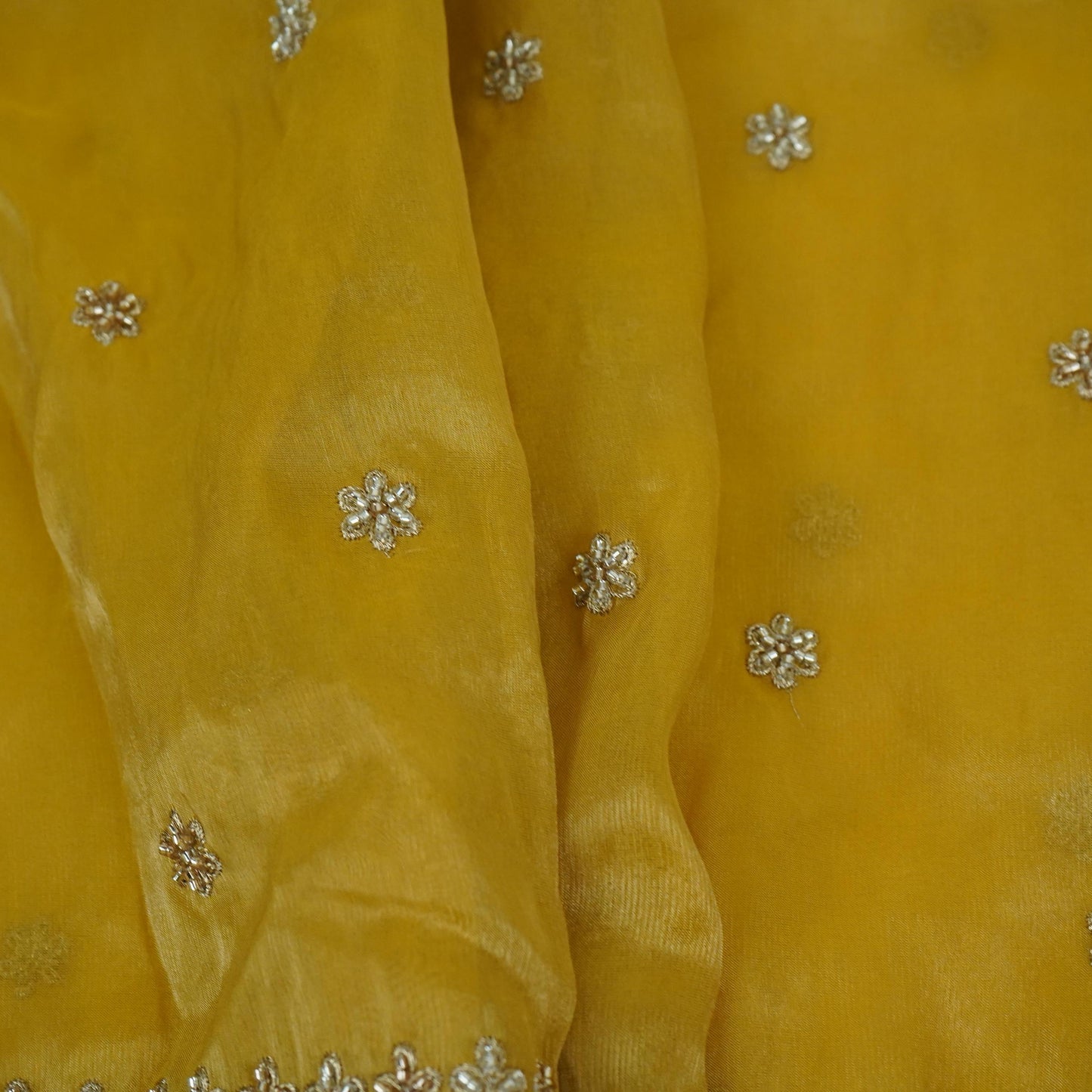 Mustard Yellow Border cutdana embroidery Kanjivaram Silk Fabric TF-32082