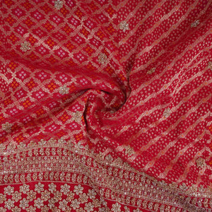 Red Bandhani Jacquard Cutdana Embroidery Russian Silk Fabric TF-32345 - TradeUNO
