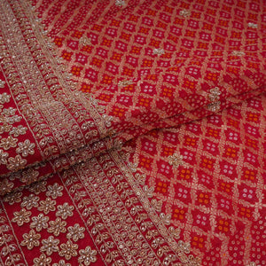 Red Bandhani Jacquard Cutdana Embroidery Russian Silk Fabric TF-32345 - TradeUNO