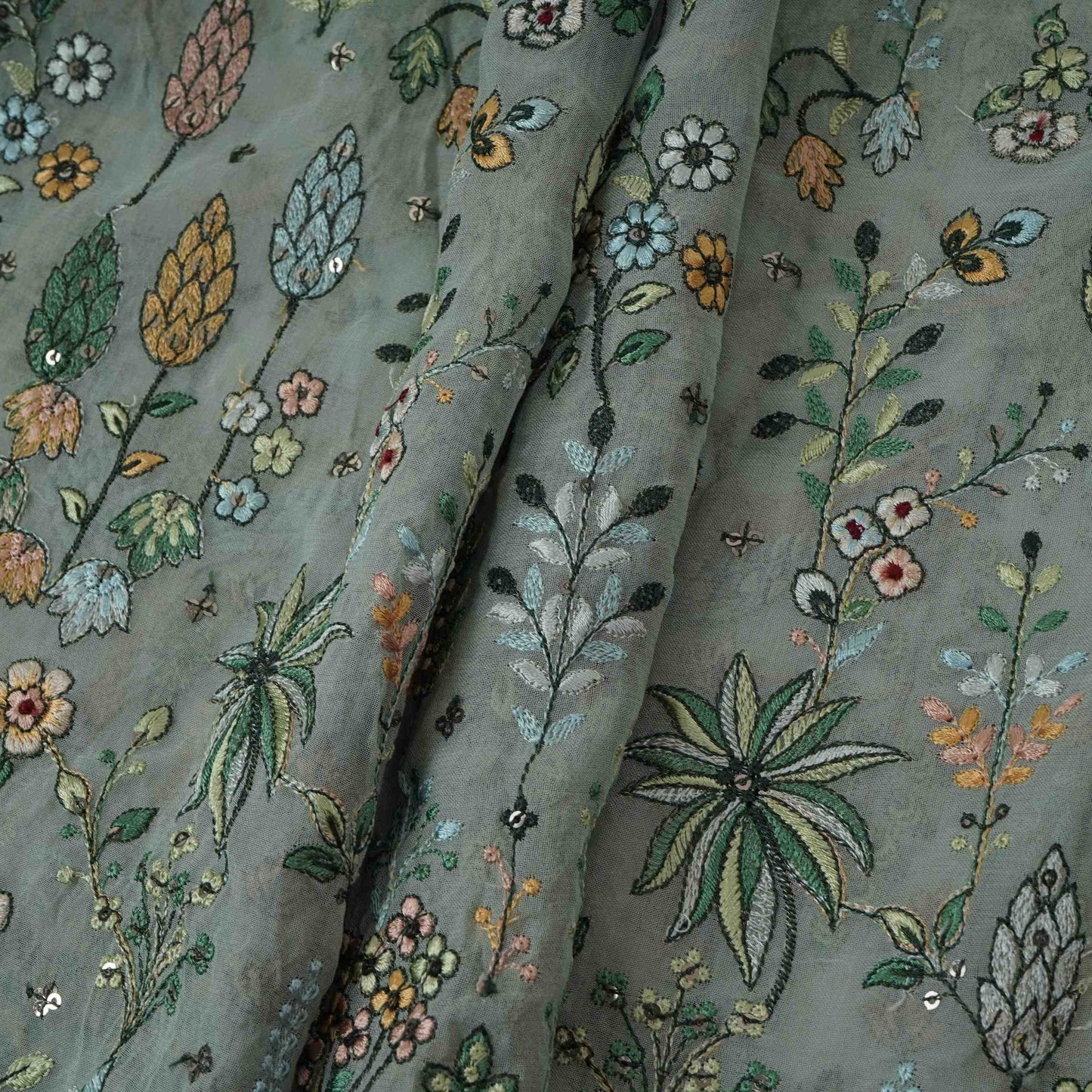 Soft Grey Thread Embroidery Georgette Fabric DR-32381