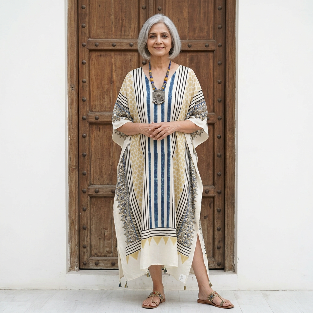 Cream Ajrakh print Modal Silk Kaftan EEG-31618