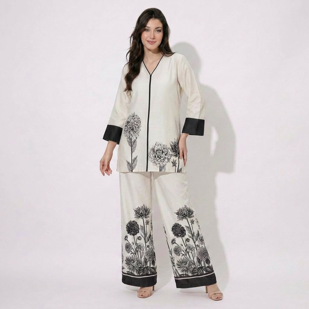 White & Black floral printed Cotton Satin Cord Set SM-31929 - TradeUNO