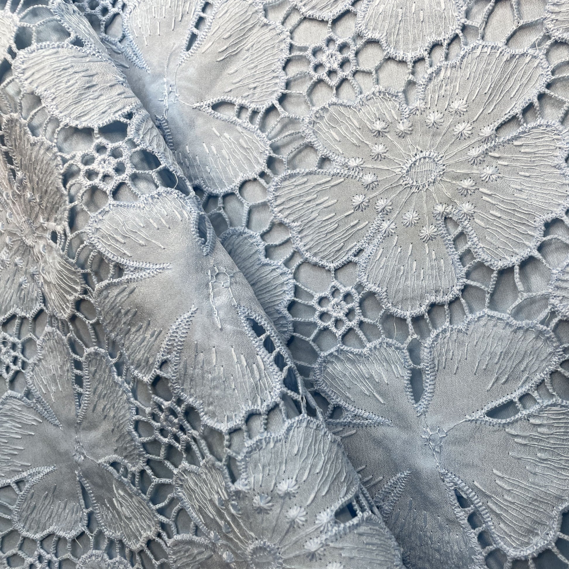 Premium Sky Blue 3D Floral Embroidery Schiffli Crepe Fabric