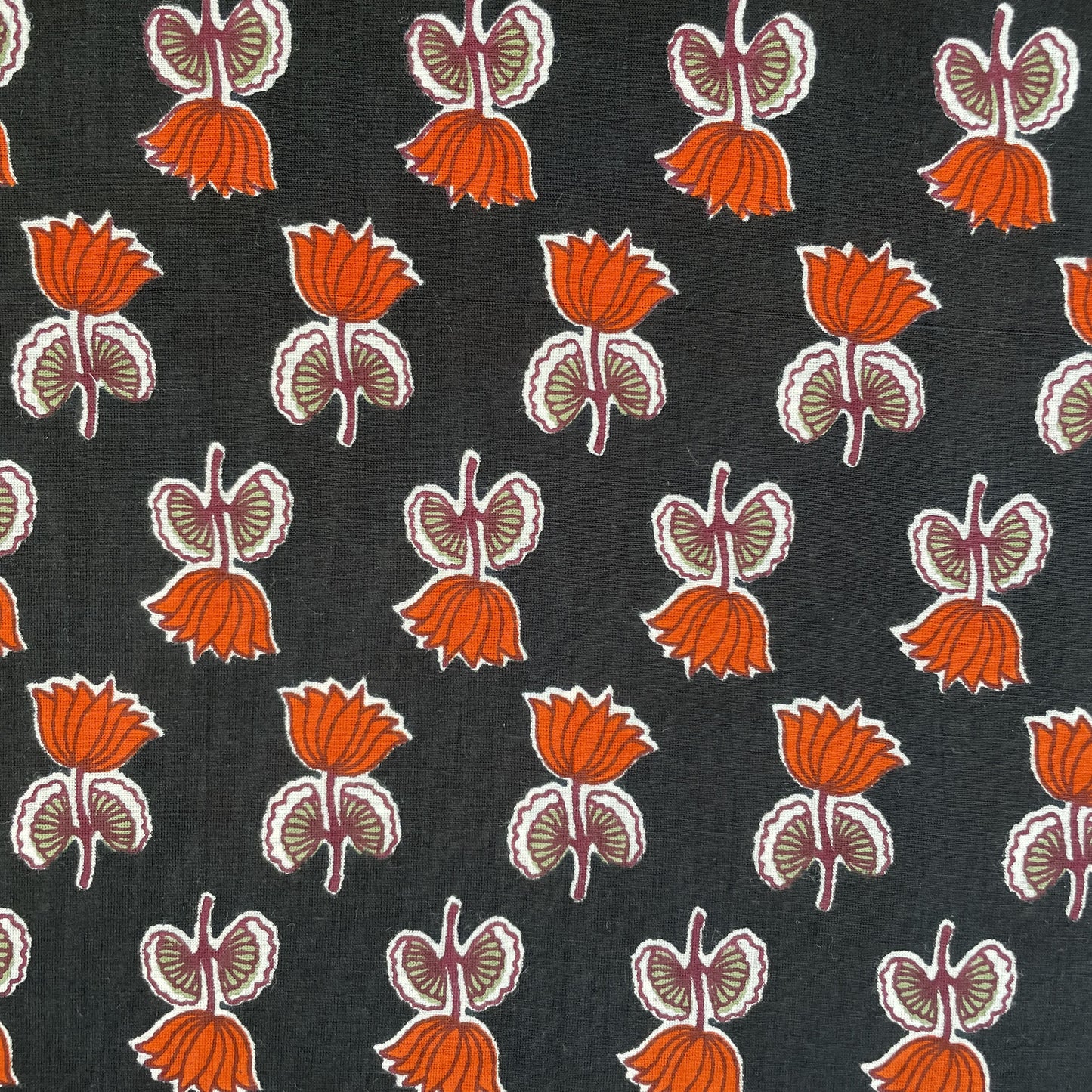 Black Floral Handblock Print Cotton Fabric 16075
