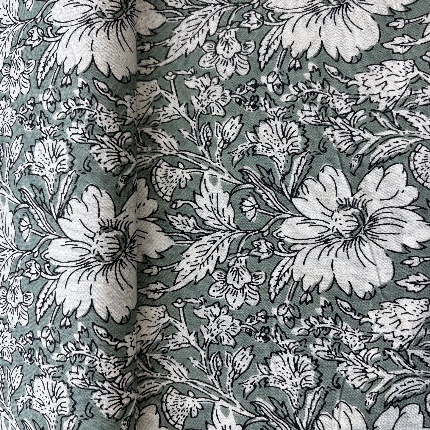 Sage Green White Floral Print Cotton Fabric 16241