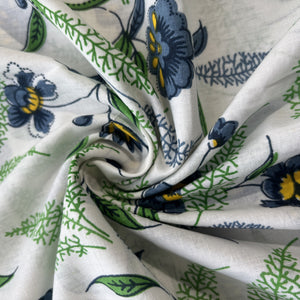White Blue Floral Print Cotton Fabric 16122