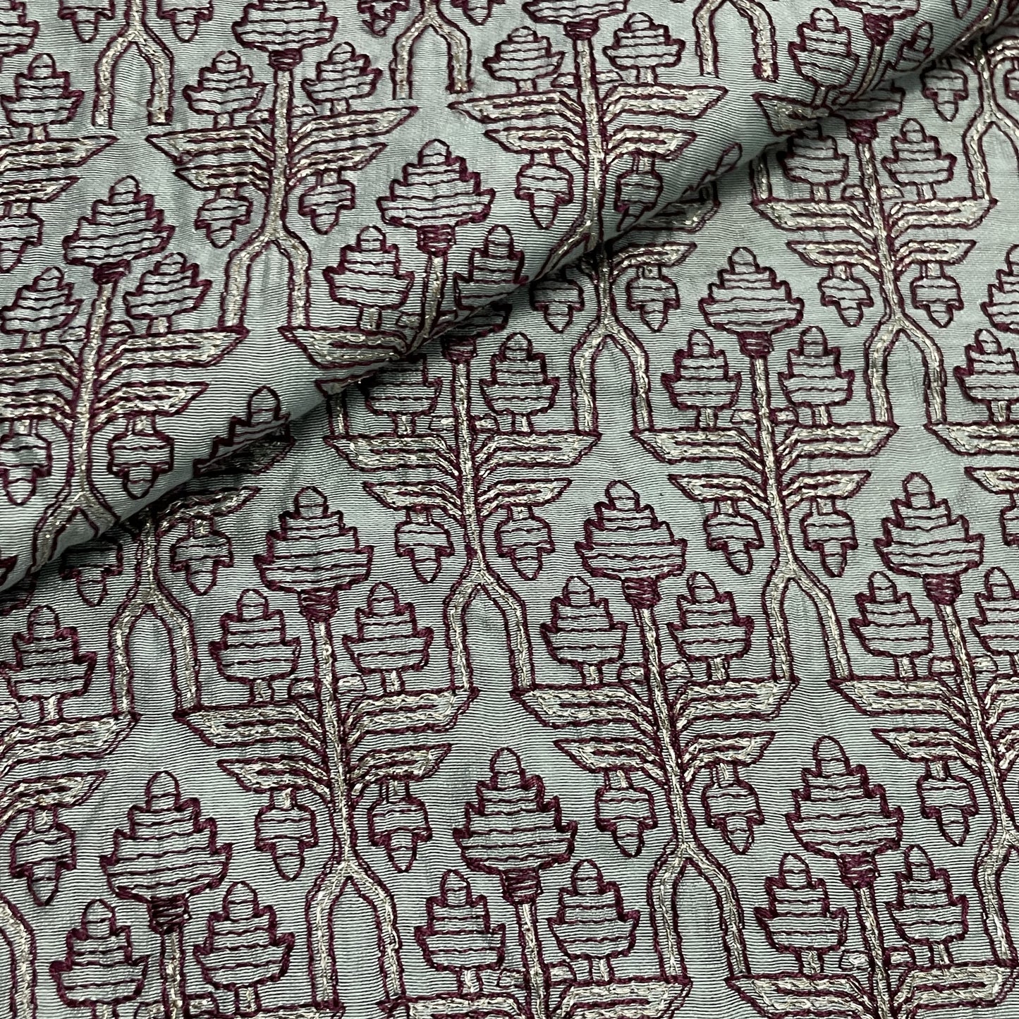 Classic Sage Green Traditional Thread Embroidery Chanderi Silk Fabric