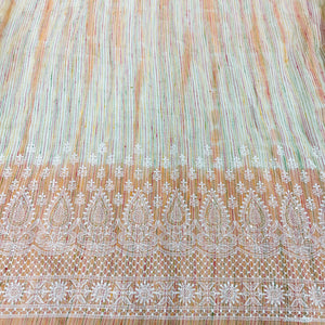 Orange Stripe Chikankari Embroidery Khadi cotton Fabric - TradeUNO