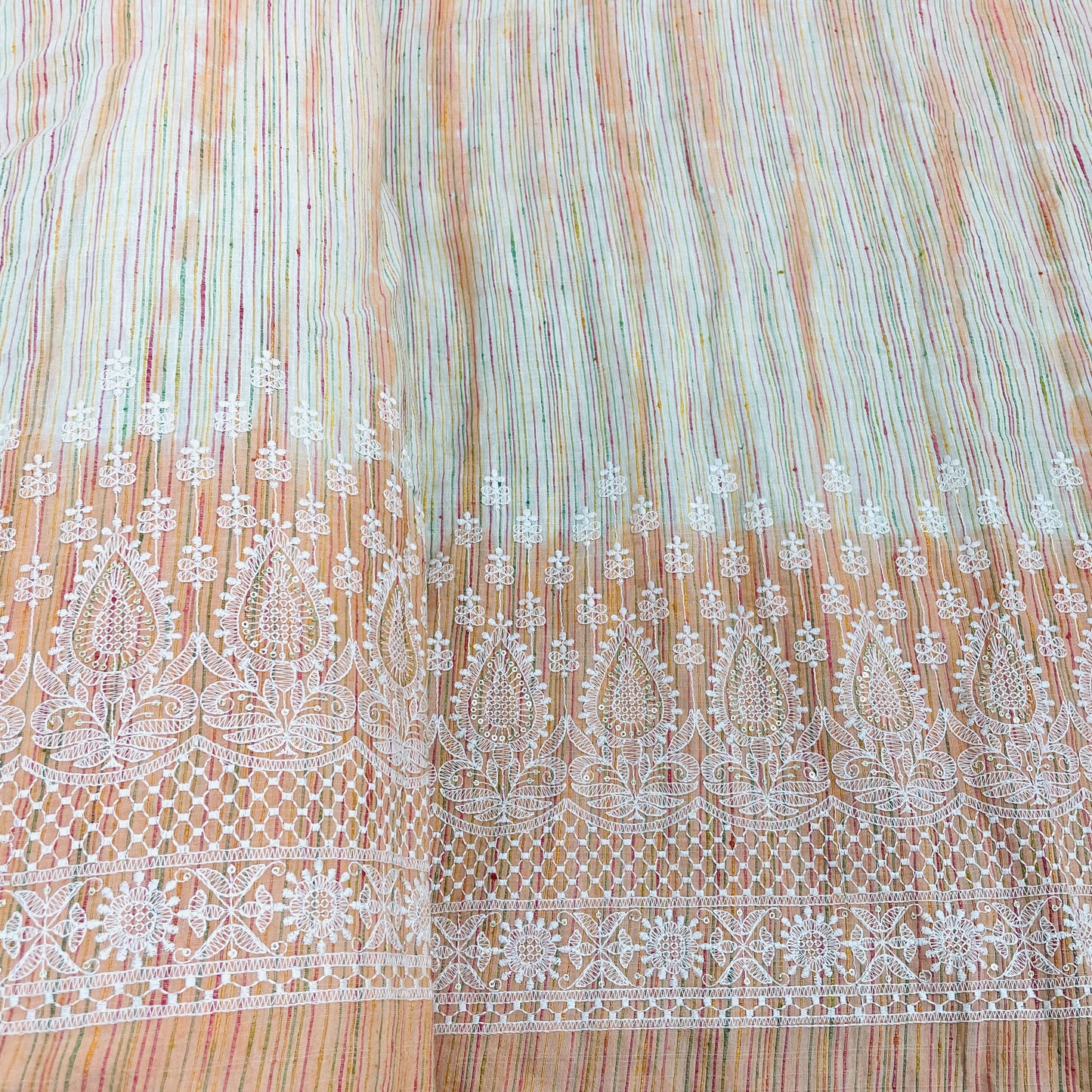 Orange Stripe Chikankari Embroidery Khadi cotton Fabric - TradeUNO