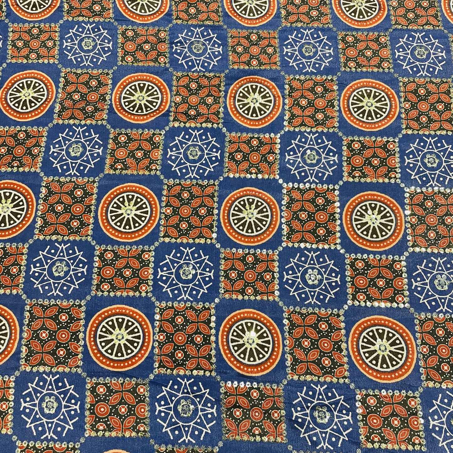 Blue & Red Zari Embroidery Chinnon Fabric - TradeUNO