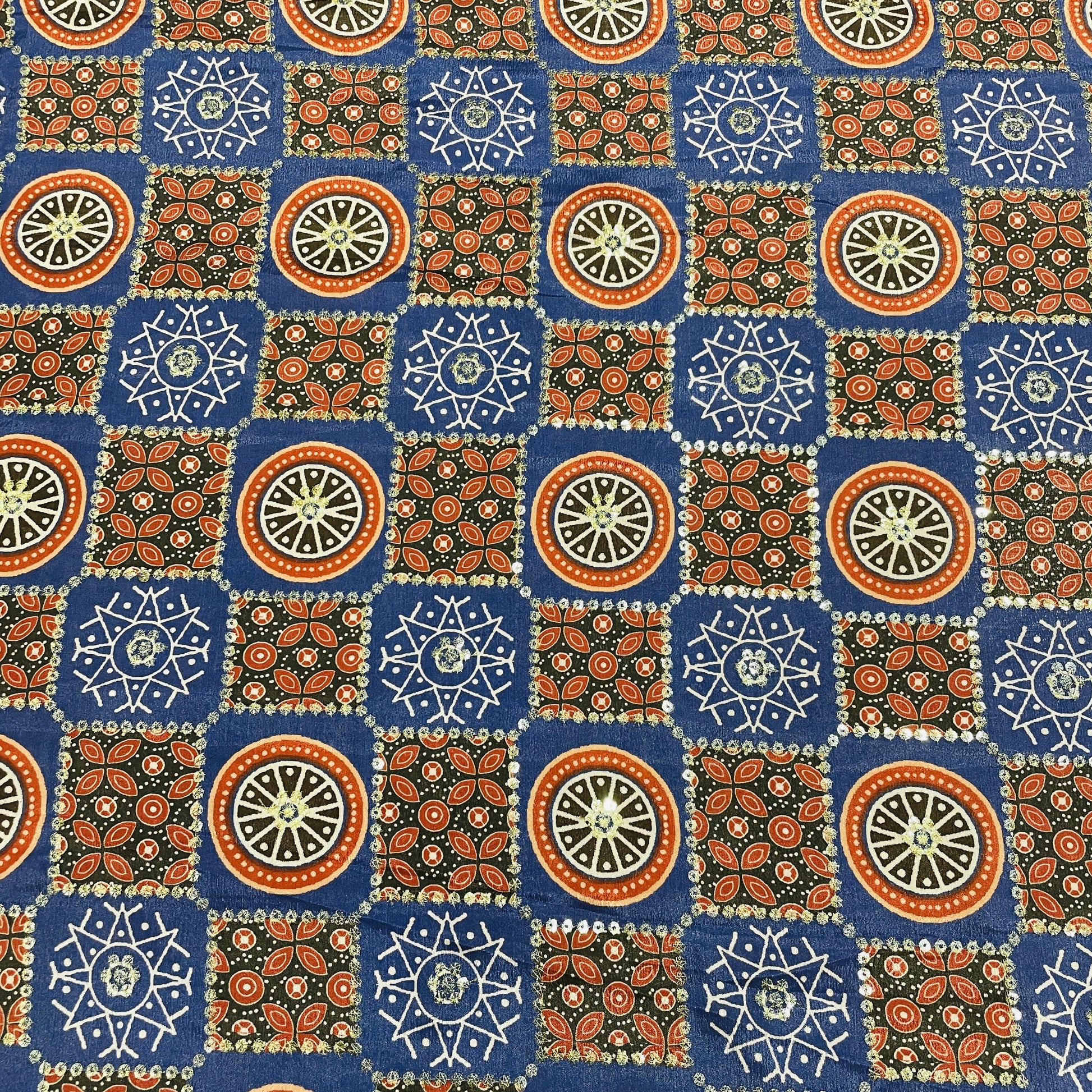 Blue & Red Zari Embroidery Chinnon Fabric - TradeUNO