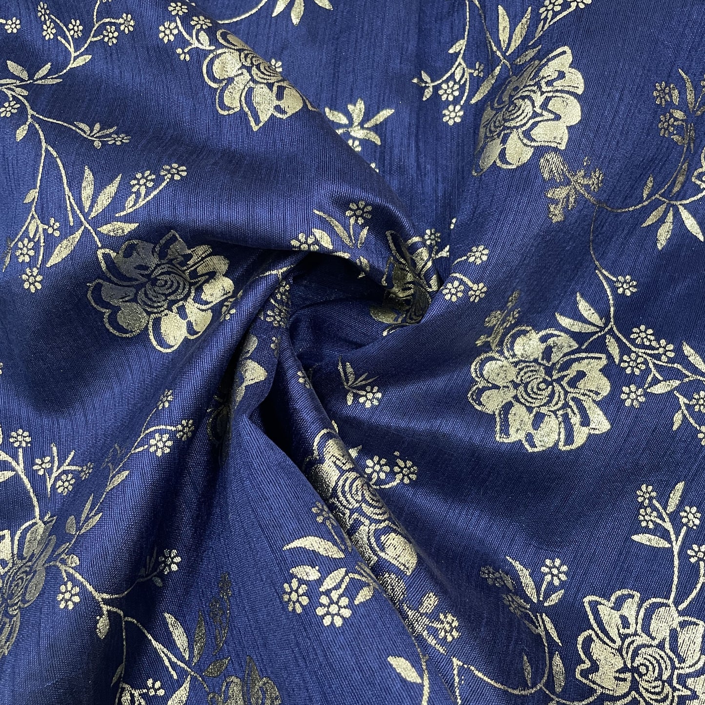 classic navy blue golden floral chanderi fabric 1
