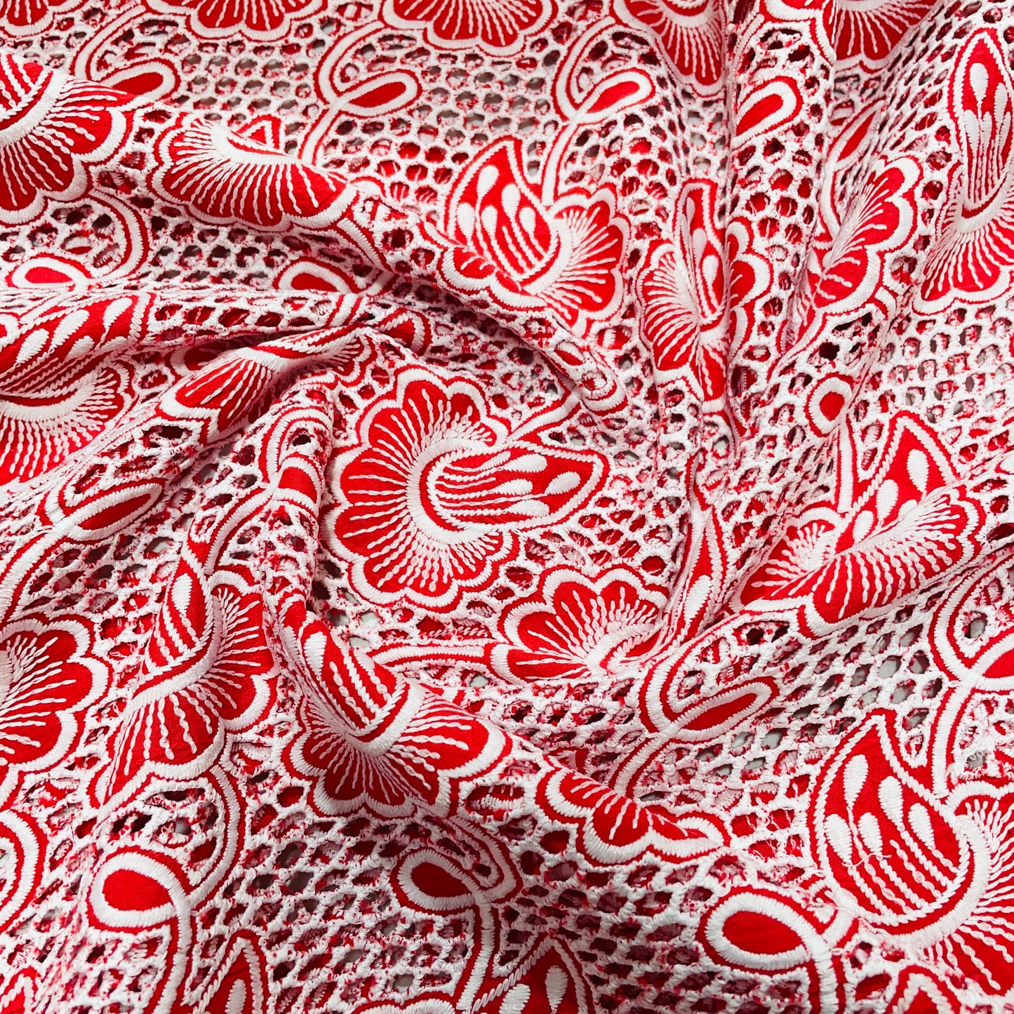 Red Floral Embroidery Cotton Schiffli Fabric - TradeUNO