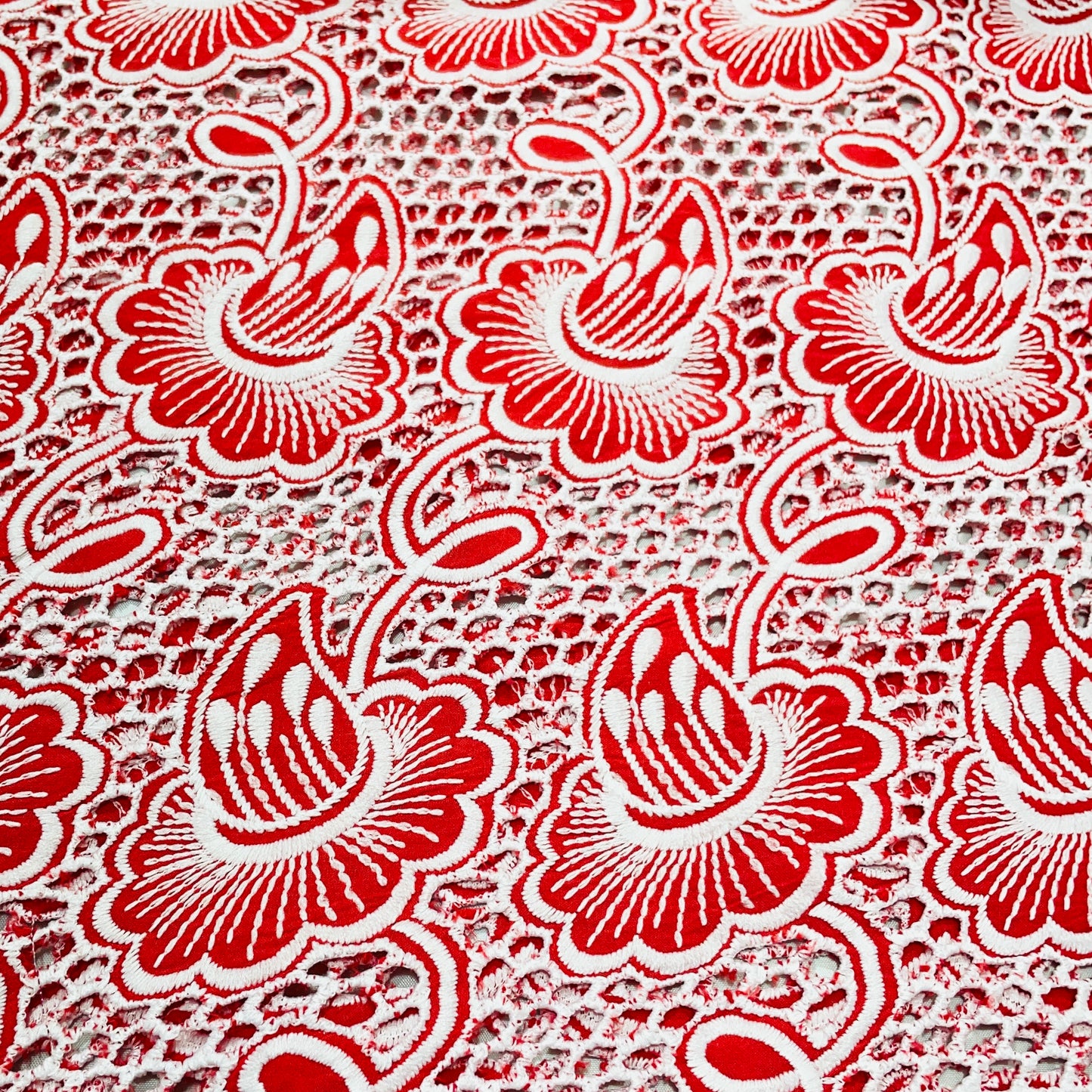 Red Floral Embroidery Cotton Schiffli Fabric - TradeUNO