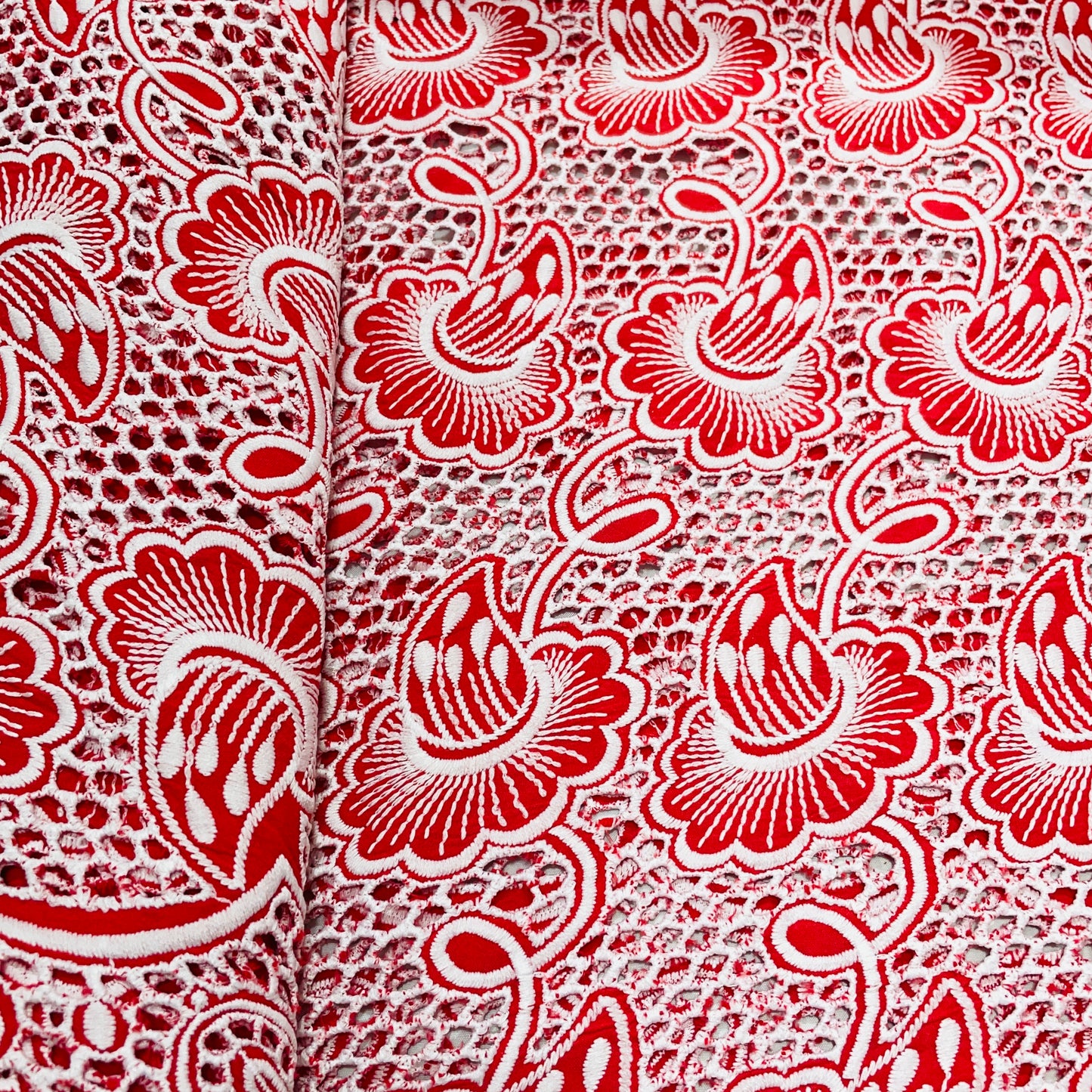 Red Floral Embroidery Cotton Schiffli Fabric - TradeUNO