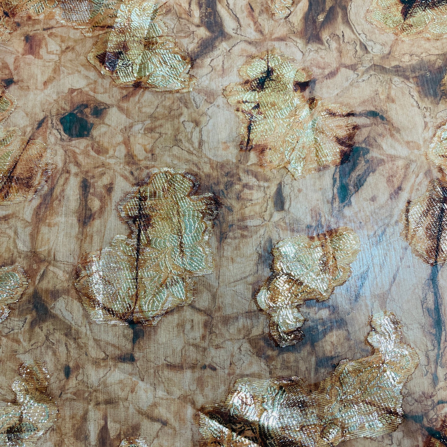 Brown With Gold Foil Floral Georgette Jacquard Fabric - TradeUNO