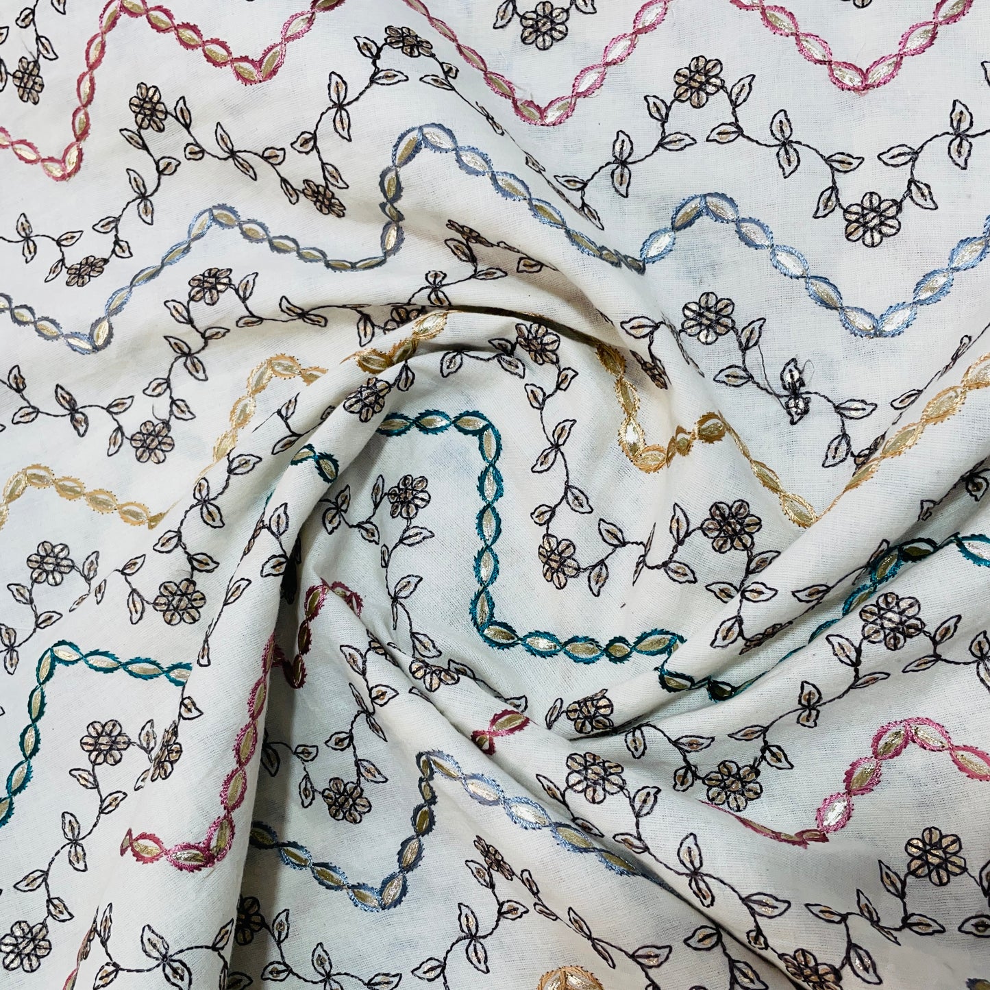 off white multicolor floral embroidery with border cotton fabric 3