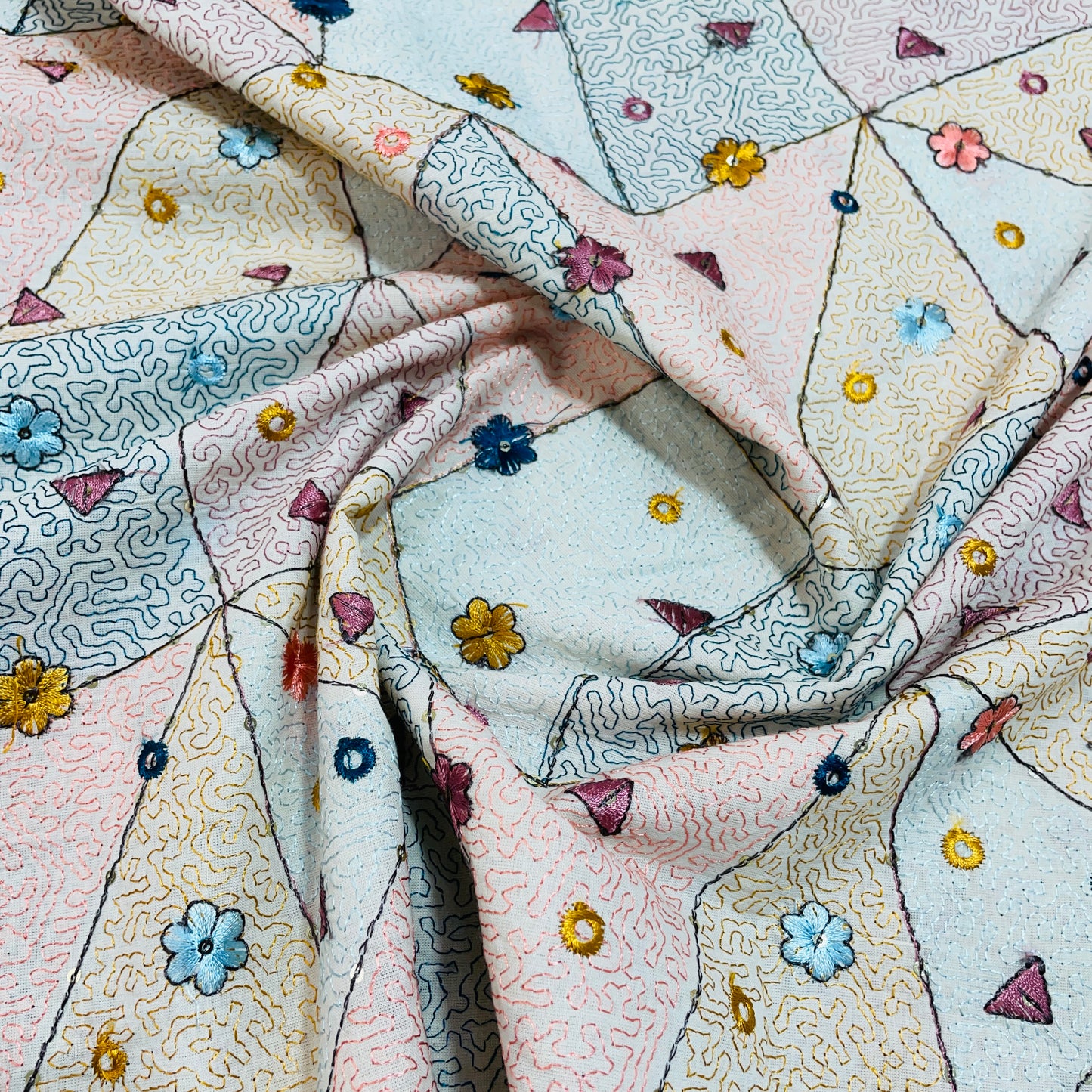 off white multicolor embroidery with border cotton fabric