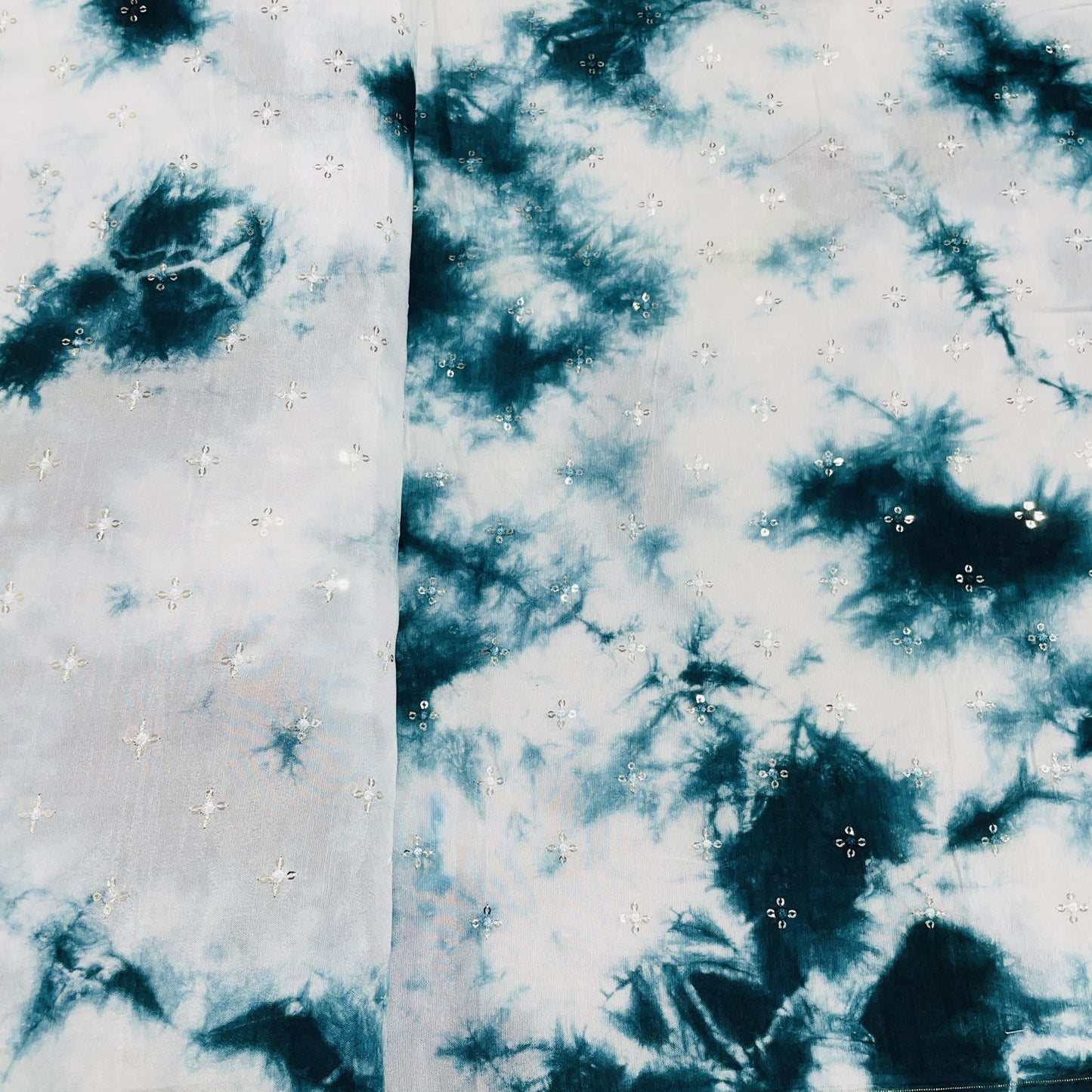 White & Green Shibori Sequence Embroidery Dola Silk Fabric - TradeUNO