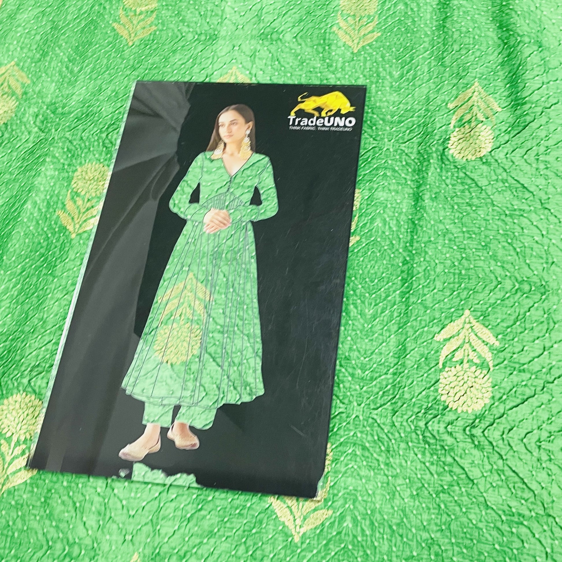 Green Bandhani With Foil Chanderi Fabric - TradeUNO