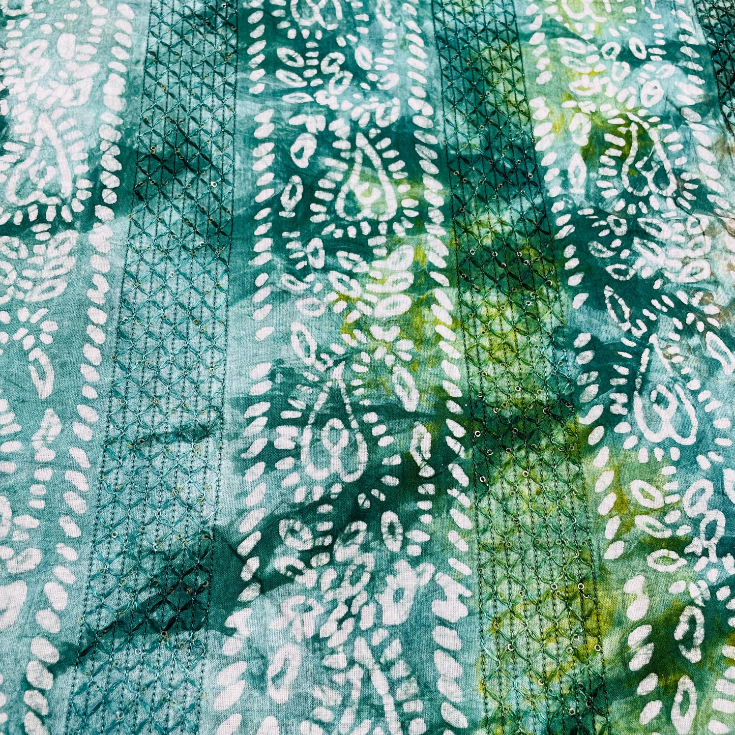 Green Batik Print Sequence Embroidery Cotton Fabric - TradeUNO