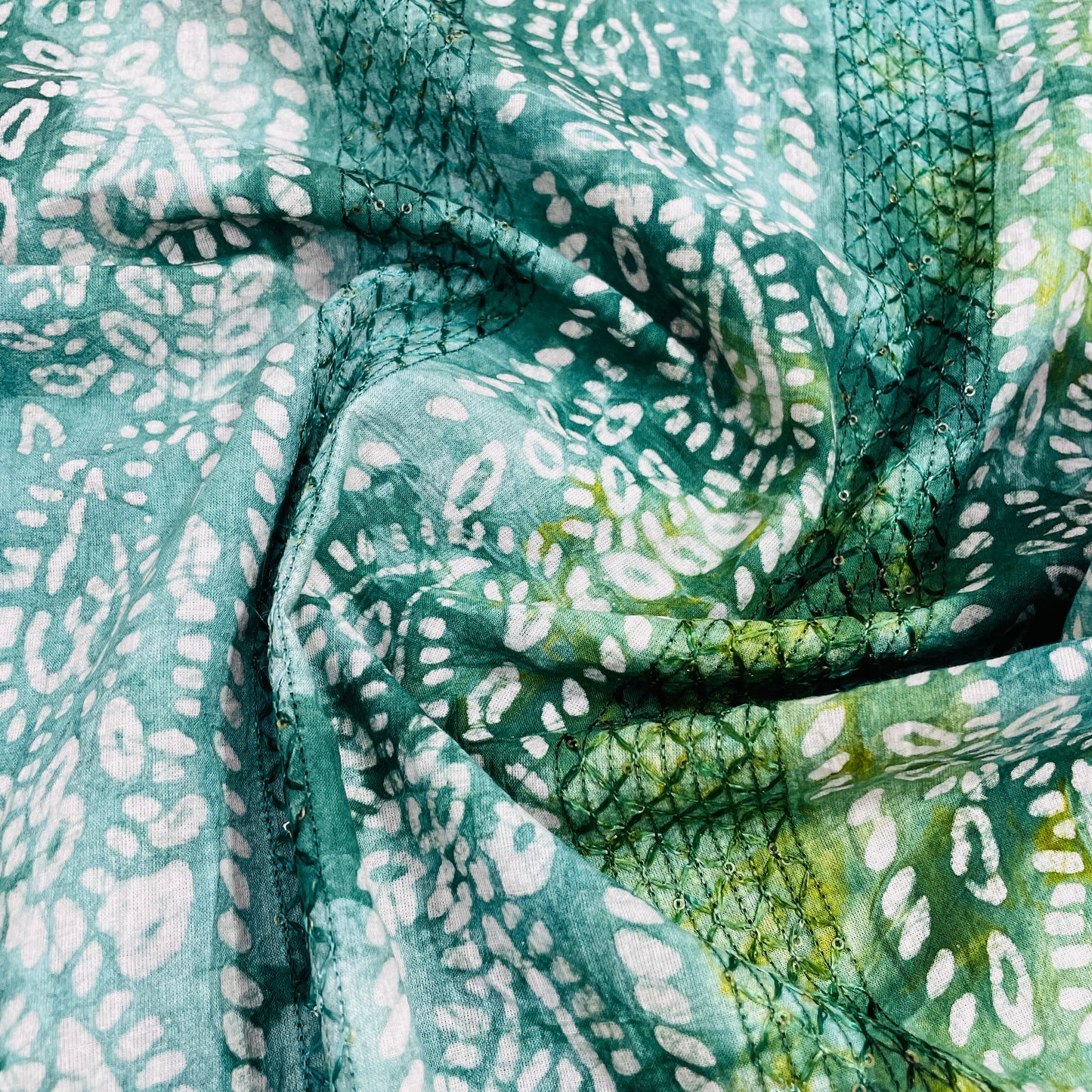 Green Batik Print Sequence Embroidery Cotton Fabric - TradeUNO