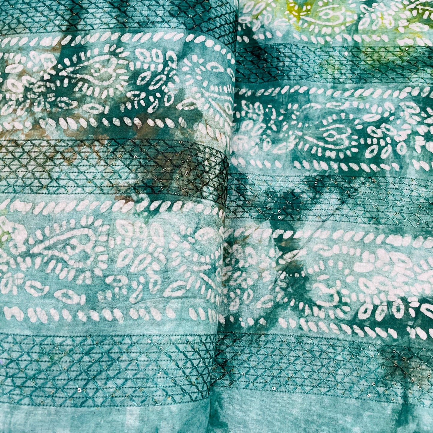 Green Batik Print Sequence Embroidery Cotton Fabric - TradeUNO