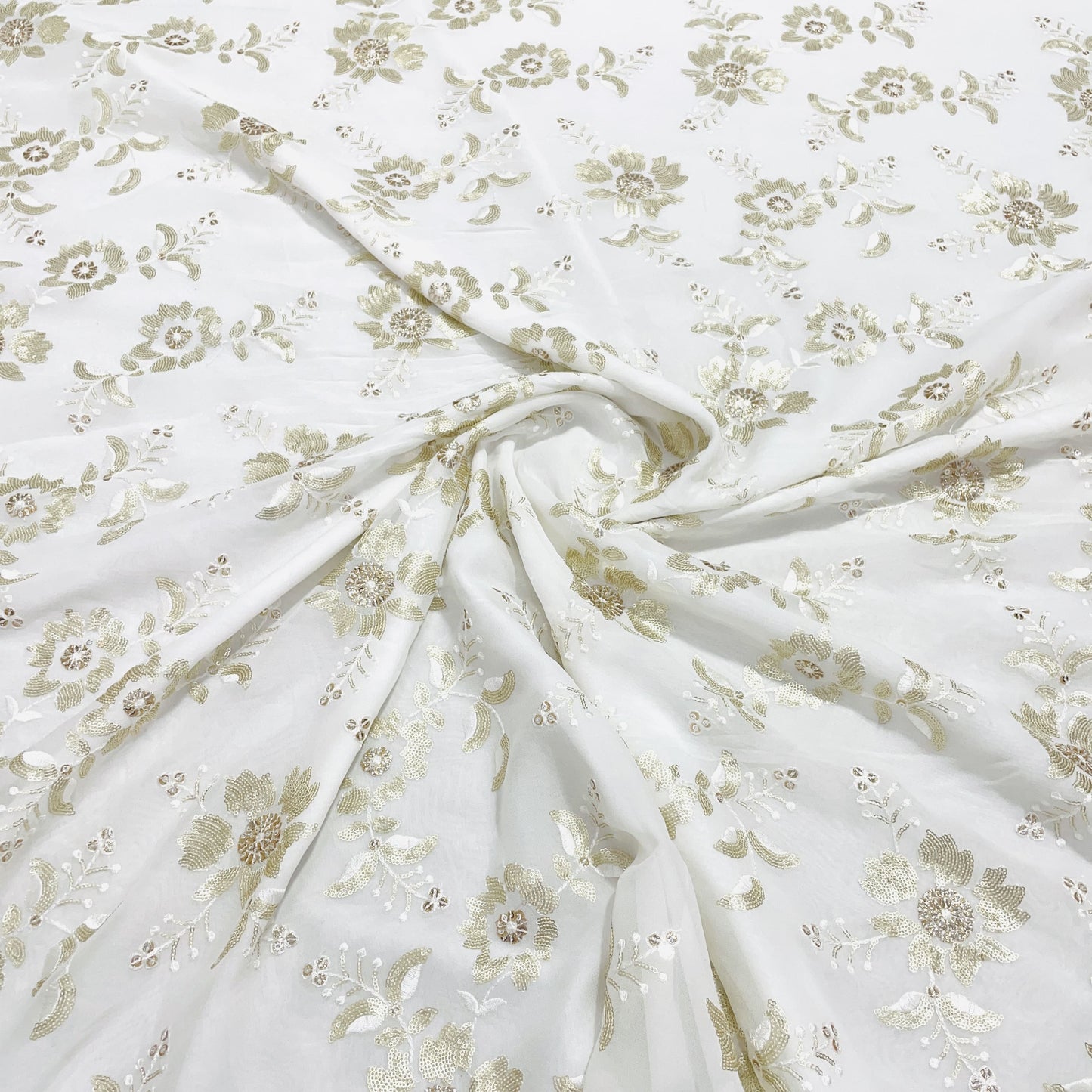White & Golden Sequence Embroidery Dyeable Georgette Fabric