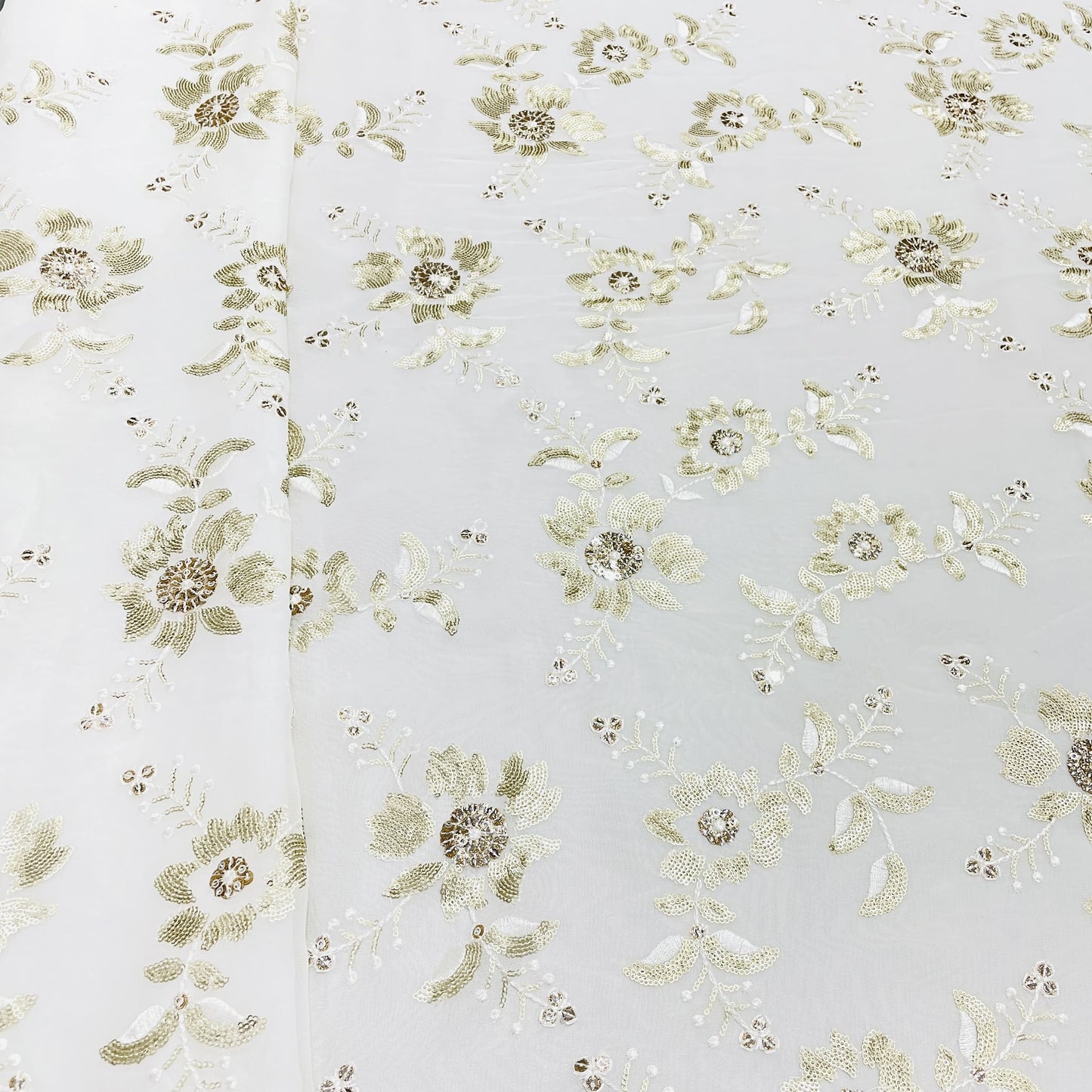 White & Golden Sequence Embroidery Dyeable Georgette Fabric - TradeUNO