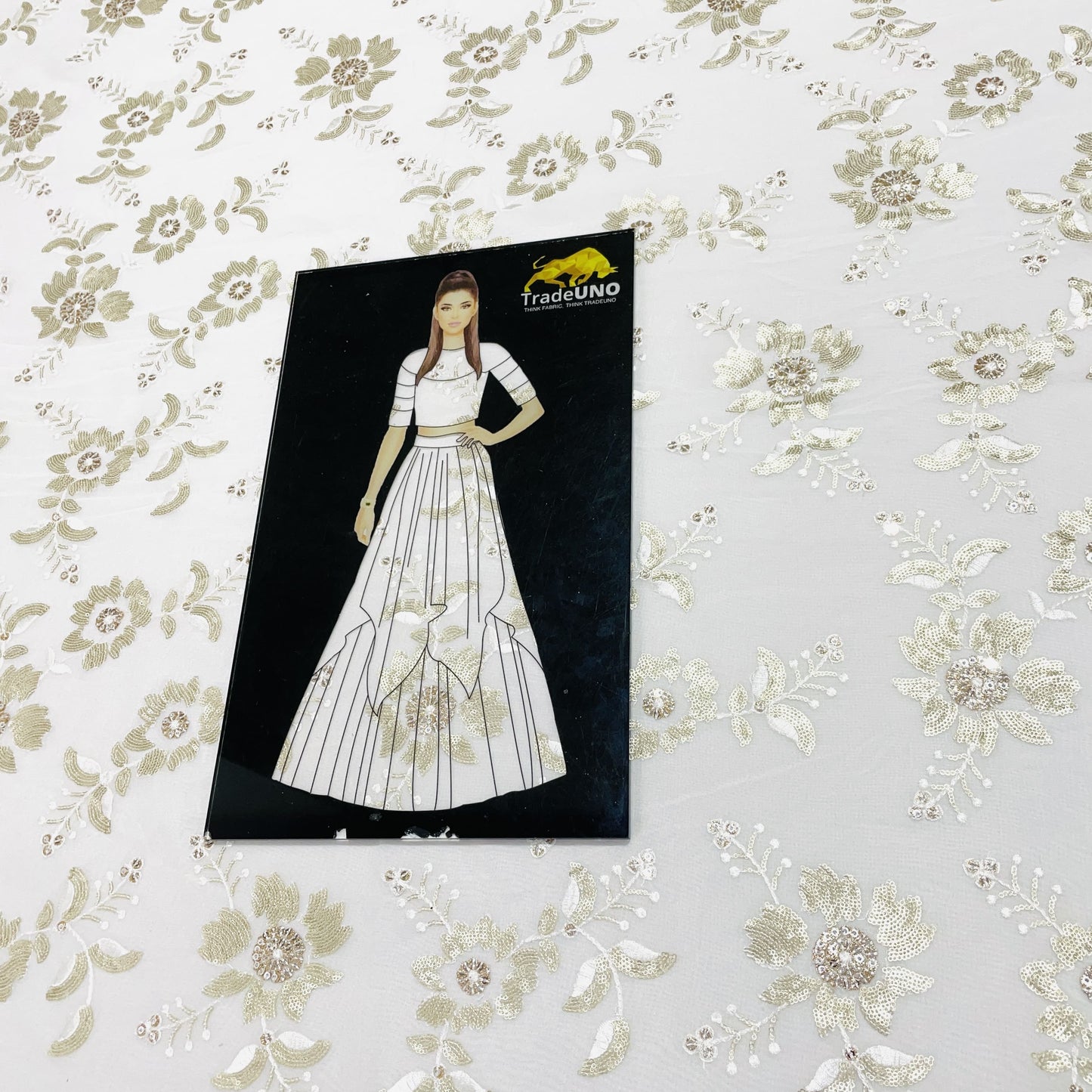 White & Golden Sequence Embroidery Dyeable Georgette Fabric - TradeUNO
