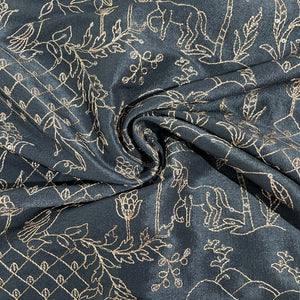 Blue Traditional Embroidery Russian Silk