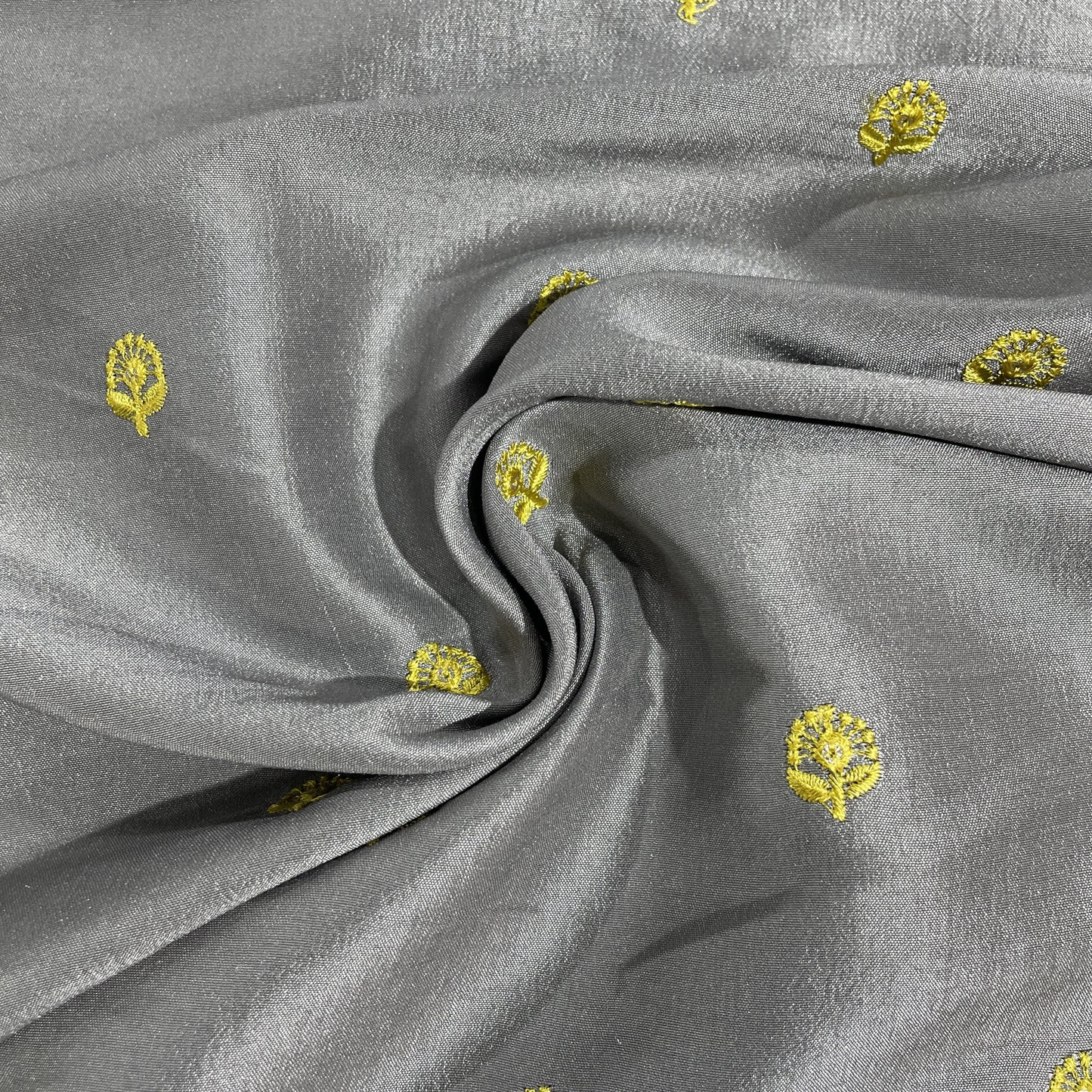 Grey & Yellow Floral Sequence Embroidery Russian Silk