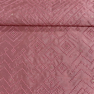 Pink Geometrical Sequins Thread Embroidery Tusser Silk