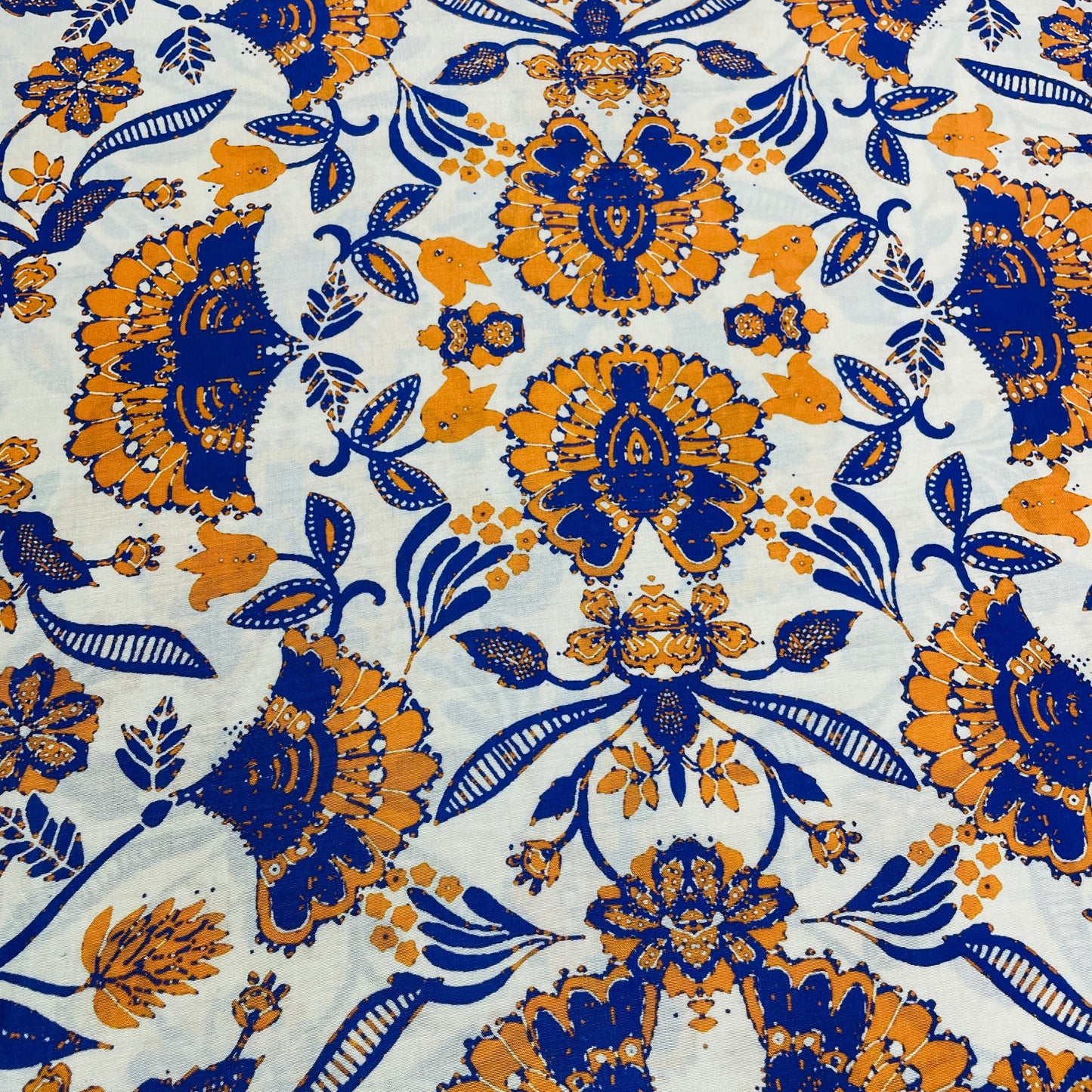 Cream With Mustard Purple Floral Print Muslin Fabric - TradeUNO